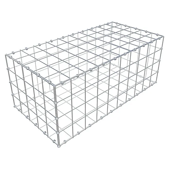 Gabiona Gabione - 100 x 50 x 40 cm, Maschenbreite: 10 cm, Maschenhöhe: 10 cm - Bild eines rechteckigen Gabionenkorbs aus verzinktem Drahtgitter, der Stabilität und Haltbarkeit für verschiedene Anwendungen bietet.