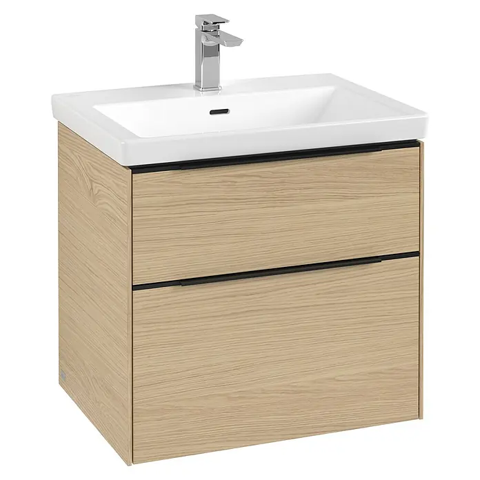 Villeroy & Boch Subway 3.0 Waschbeckenunterschrank - Nordik Oak, Anzahl Schubladen: 2 Stk., Farbe Griff: Volcano Black, B x T x H: 62,2 x 47,8 x 57,6 cm, Mit Beleuchtung - Ein moderner Waschtischunterschrank mit zwei Schubladen und einem weißen Aufsatzwaschbecken mit Armatur. Das Möbelstück bietet praktischen Stauraum.