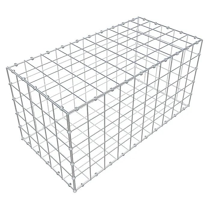 Gabiona Gabione - 100 x 50 x 50 cm, Maschenbreite: 10 cm, Maschenhöhe: 10 cm - Das Bild zeigt einen rechteckigen Gabionenkorb aus verzinktem Drahtgitter, der häufig im Garten- und Landschaftsbau eingesetzt wird.