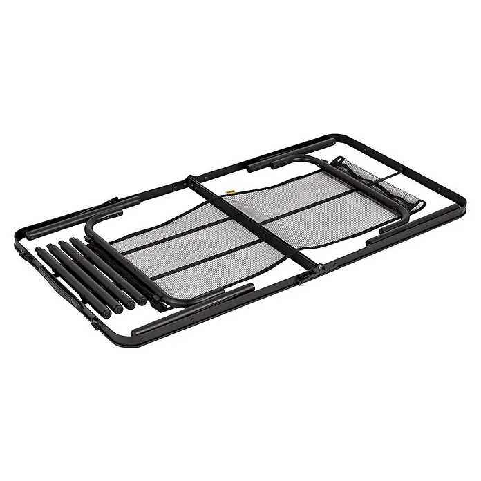 Bo-Camp Campingtisch Industrial - L x B x H: 120 x 60 x 70 cm, Aluminium/MDF, Schwarz/Braun - Zusammengeklapptes Feldbett mit Netzbezug. Das Bettgestell ist schwarz und die Liegefläche besteht aus einem grauen Netzmaterial.