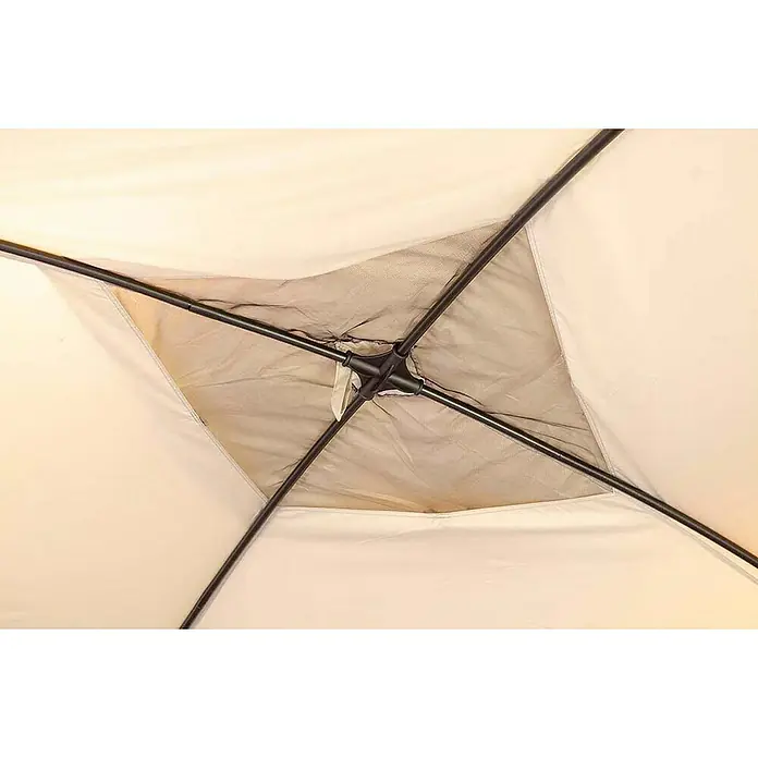 Bo-Camp Partyzelt - L x B x H: 370 x 370 x 239 cm, Beige, Stahl/Polyester - Nahaufnahme des Baldachins eines Outdoor-Sonnenschirms mit einem schwarzen Gestell und einem netzartigen Einsatz für zusätzliche Belüftung.