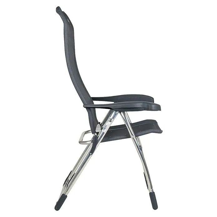Crespo Campingstuhl - Aluminium, Textilene, Anthrazit, B x T x H: 64 x 64 x 115 cm - Seitenansicht eines schwarzen Besucherstuhls mit Armlehnen und einem silbernen Metallgestell für den modernen Bürobereich.