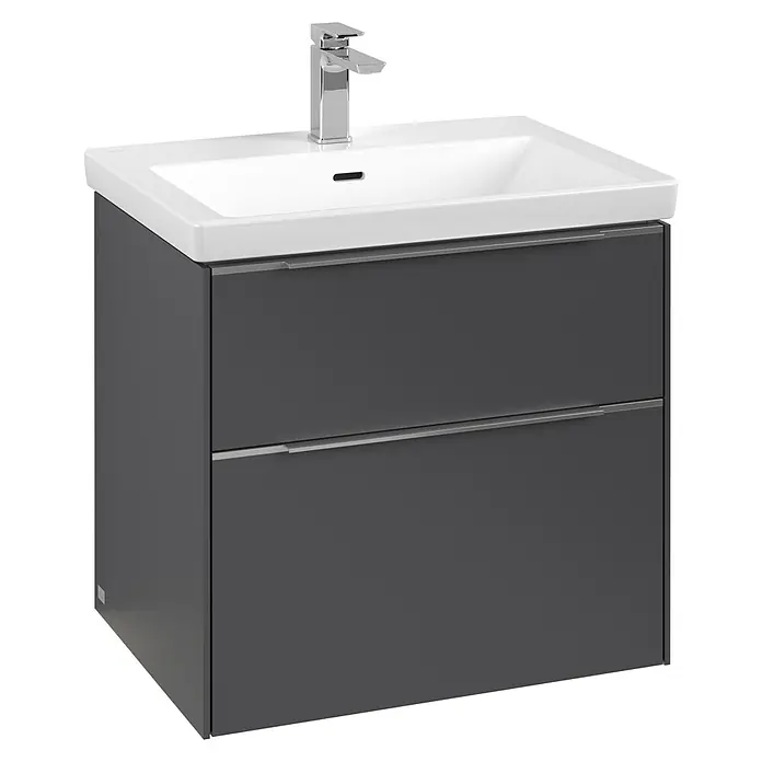 Villeroy & Boch Subway 3.0 Waschbeckenunterschrank - Graphite, Anzahl Schubladen: 2 Stk., Farbe Griff: Aluminium glänzend, B x T x H: 62,2 x 47,8 x 57,6 cm, Mit Beleuchtung - Moderner Waschtischunterschrank in Grau mit zwei Schubladen und einem weißen Aufsatzwaschbecken mit Armatur.