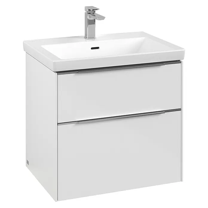 Villeroy & Boch Subway 3.0 Waschbeckenunterschrank - Brilliant White, Anzahl Schubladen: 2 Stk., Farbe Griff: Aluminium glänzend, B x T x H: 62,2 x 47,8 x 57,6 cm, Mit Beleuchtung - Ein moderner, weißer Waschtischunterschrank mit zwei Schubladen und einem Aufsatzwaschbecken mit Chromarmatur. Stilvolles Badezimmermöbel.