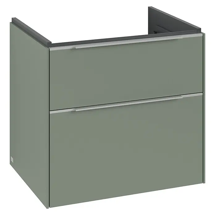 Villeroy & Boch Subway 3.0 Waschbeckenunterschrank - Soft Green, Anzahl Schubladen: 2 Stk., Farbe Griff: Aluminium glänzend, B x T x H: 62,2 x 47,8 x 57,6 cm, Mit Beleuchtung - Ein moderner Unterschrank in sanftem Grün mit zwei Schubladen und eleganten Griffen, ideal für ein stilvolles Badezimmer.