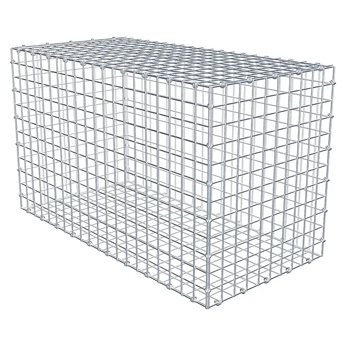 Gabiona Gabione - 100 x 50 x 60 cm, Maschenbreite: 5 cm, Maschenhöhe: 5 cm - Das Bild zeigt einen Gabionenkorb aus Drahtgeflecht, der leer ist und für Steine oder andere Füllmaterialien vorbereitet ist.