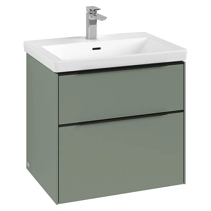 Villeroy & Boch Subway 3.0 Waschbeckenunterschrank - Soft Green, Anzahl Schubladen: 2 Stk., Farbe Griff: Volcano Black, B x T x H: 62,2 x 47,8 x 57,6 cm, Mit Beleuchtung - Moderne Waschtischkombination mit zwei Schubladen und einem weißen Aufsatzwaschbecken mit Chromarmatur für das Badezimmer.