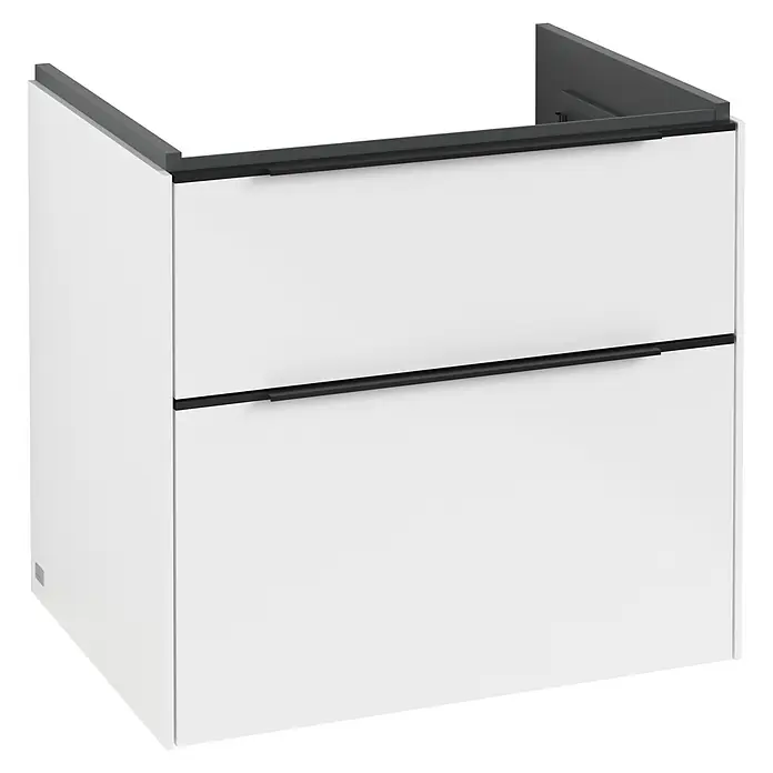 Villeroy & Boch Subway 3.0 Waschbeckenunterschrank - Brilliant White, Anzahl Schubladen: 2 Stk., Farbe Griff: Volcano Black, B x T x H: 62,2 x 47,8 x 57,6 cm, Mit Beleuchtung - Moderner weißer Waschbeckenunterschrank mit zwei Schubladen und schwarzen Griffen für ein stilvolles Badezimmerdesign.