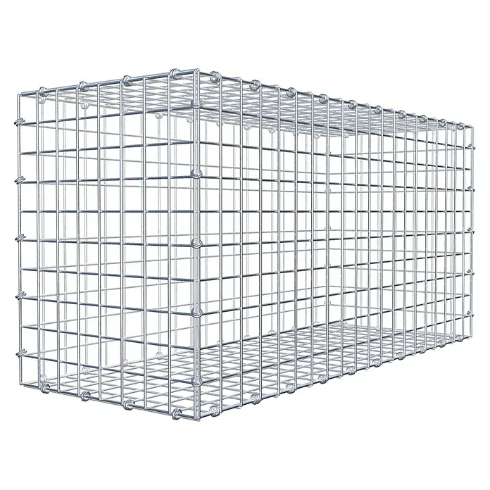 Gabiona Gabione - 100 x 40 x 50 cm, Maschenbreite: 5 cm, Maschenhöhe: 5 cm - Ein rechteckiger Gabionen-Korb aus verzinktem Drahtgeflecht, ideal für Gartenbau und Landschaftsgestaltung, auf schwarzem Hintergrund.