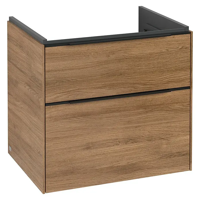 Villeroy & Boch Subway 3.0 Waschbeckenunterschrank - Kansas Oak, Anzahl Schubladen: 2 Stk., Farbe Griff: Volcano Black, B x T x H: 62,2 x 47,8 x 57,6 cm, Mit Beleuchtung - Holzfarbener Waschtischunterschrank mit zwei Schubladen und dunkler Ablagefläche für das Badezimmer.