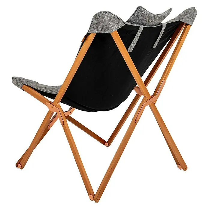 Bo-Camp Campingstuhl Bloomsbury - B x T x H: 75 x 87 x 96 cm, Grau/Braun, Holz/Polyestergewebe - Abgebildet ist ein eleganter, zusammenklappbarer Faltstuhl mit Holzrahmen, schwarzem Sitz und grauem Kopfteil, ideal für den Außenbereich.
