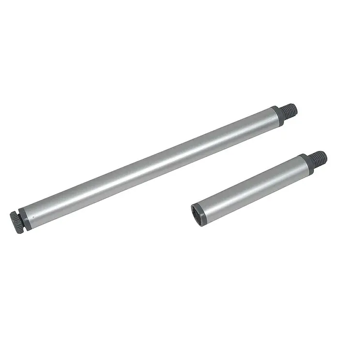 Bo-Camp Campingtisch Premium - L x B x H: 90 x 60 x 81 cm, Aluminium/MDF, Grau - Bild von zwei silberfarbenen Verlängerungsstangen mit Gewindeenden auf einem neutralen Hintergrund.