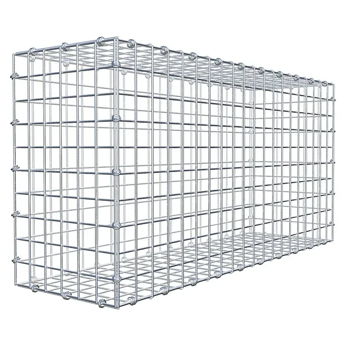 Gabiona Gabione - 100 x 30 x 50 cm, Maschenbreite: 5 cm, Maschenhöhe: 5 cm - Das Bild zeigt einen Gabionenkorb aus verzinktem Draht, ideal für Gartenbau und Landschaftsgestaltung, mit stabilen Verbindungen und Drahtgitterstruktur.