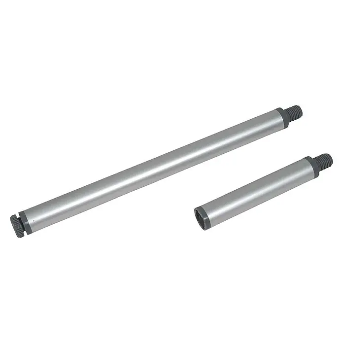 Bo-Camp Campingtisch Premium - L x B x H: 60 x 45 x 60 cm, Aluminium/MDF, Grau - Zwei silberne Verlängerungsstangen mit Gewindeenden, ideal für verschiedene Anwendungen, auf einem neutralen Hintergrund dargestellt.