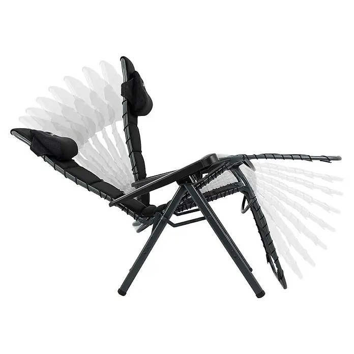 Crespo Relaxsessel Air Deluxe - L x B x H: 78 x 71 x 119 cm, Schwarz - Darstellung eines verstellbaren, schwarzen Relaxsessels, der verschiedene Neigungswinkel zeigt, ideal für Entspannung im Garten oder auf der Terrasse.