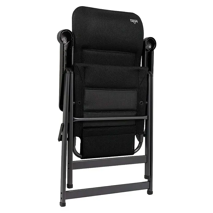 Crespo Campingstuhl Air-Deluxe - Aluminium, Rückenlehne verstellbar, Schwarz, B x T x H: 69 x 74 x 120 cm - Rückansicht eines Crespo-Campingstuhls mit schwarzem Stoffbezug und grauem Metallrahmen für komfortables und praktisches Outdoor-Sitzen.