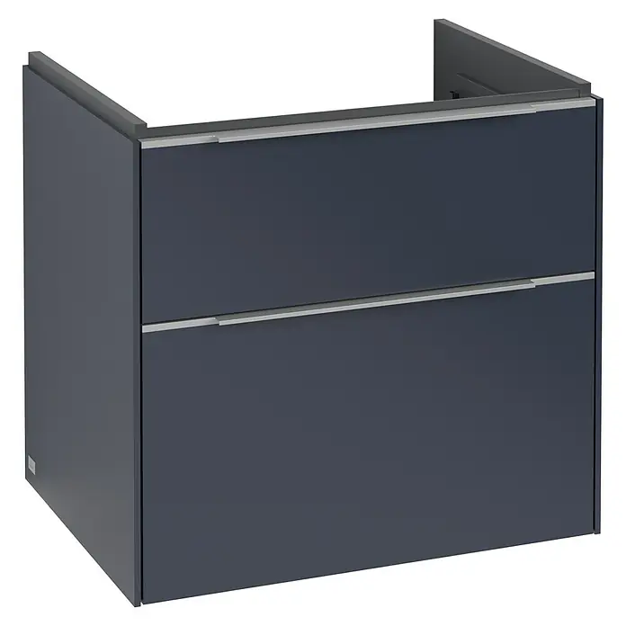 Villeroy & Boch Subway 3.0 Waschbeckenunterschrank - Marine Blue, Anzahl Schubladen: 2 Stk., Farbe Griff: Aluminium glänzend, B x T x H: 62,2 x 47,8 x 57,6 cm, Mit Beleuchtung - Dunkelblauer Badezimmer-Unterschrank mit zwei Schubladen und silbernen Griffen für ein stilvolles Badezimmer-Design.