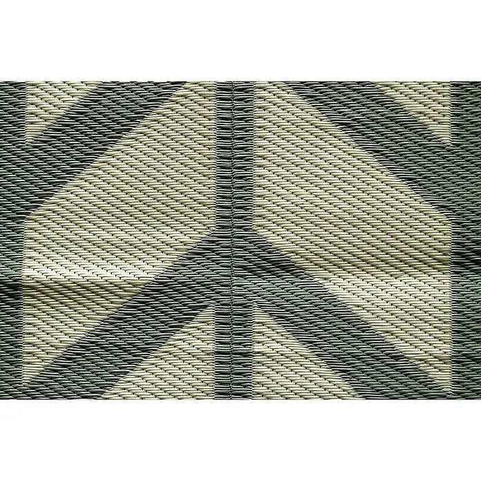 Bo-Camp Outdoor-Teppich Flaxton - Grün/Grau, 270 x 200 cm - Nahaufnahme einer robusten, dunkelgrünen und cremefarbenen, gewebten Matte, die ein stilisiertes Blattmuster zeigt.