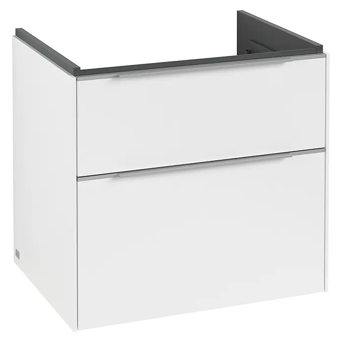 Villeroy & Boch Subway 3.0 Waschbeckenunterschrank - Pure White, Anzahl Schubladen: 2 Stk., Farbe Griff: Aluminium glänzend, B x T x H: 62,2 x 47,8 x 57,6 cm, Mit Beleuchtung - Weißer Badezimmerschrank mit zwei Schubladen und grauem Oberteil für ein modernes Badezimmerdesign.