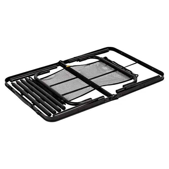 Bo-Camp Campingtisch Industrial - L x B x H: 90 x 60 x 81 cm, Aluminium/MDF, Schwarz/Braun - Zusammengeklappter, schwarzer Campingstuhl mit Netzbespannung. Ideal für platzsparende Aufbewahrung und einfachen Transport auf Reisen.