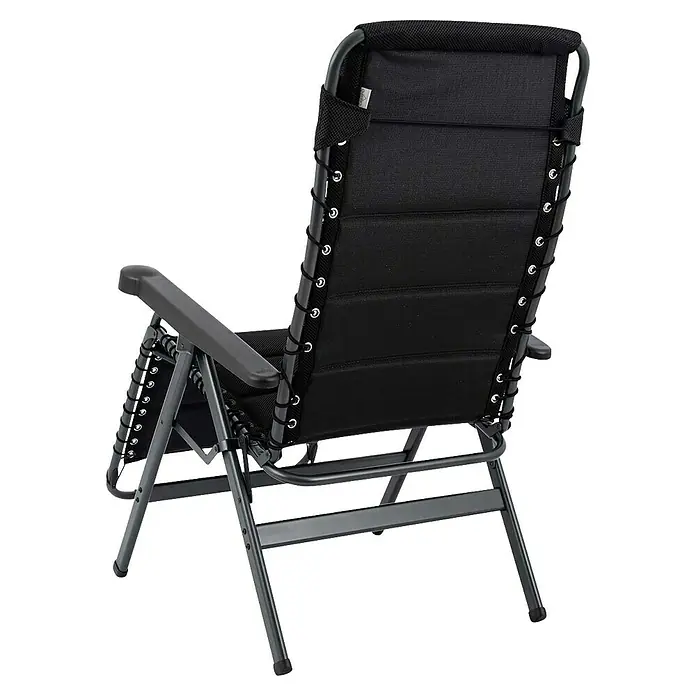 Crespo Relaxsessel Air Deluxe - L x B x H: 78 x 71 x 119 cm, Schwarz - Rückansicht eines schwarzen Zero Gravity Stuhls mit Metallgestell und elastischer Schnürung, ideal für Entspannung im Freien.