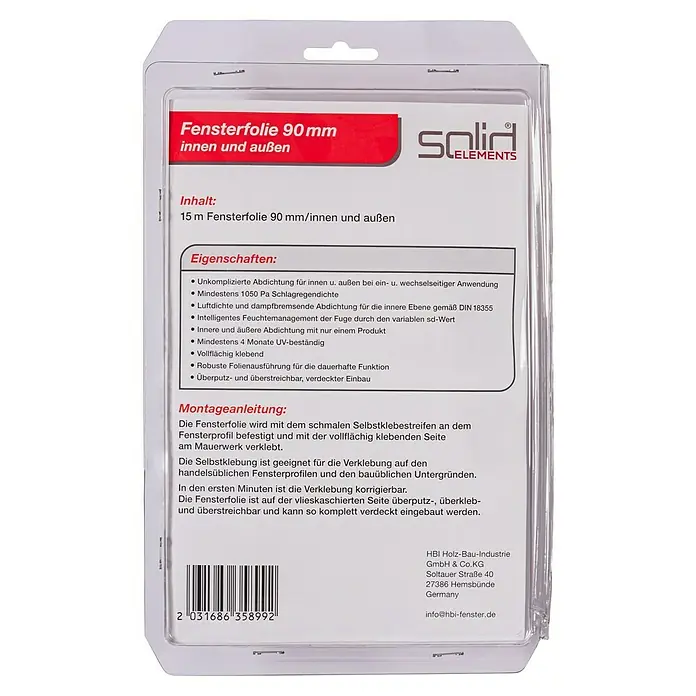 Solid Elements Folienband - 15 m x 90 mm, Innen/Außen - Bild einer Fensterfolie 90 mm für den Innen- und Außenbereich von Solid Elements, die für eine einfache und dauerhafte Abdichtung sorgt.