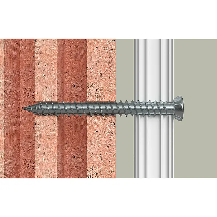 Solid Elements Montageschrauben - Länge: 182 mm, Passend für: Fenster- und Türenmontage, 50 Stk. - Ein Bild einer Schraube, die durch ein weißes Paneel und eine rote Ziegelwand befestigt ist und so die Bauteile verbindet.