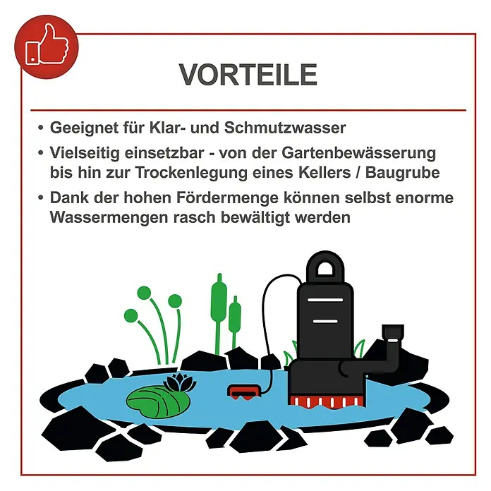 Scheppach Schmutzwasserpumpe DWP 400 - 400 W, Max. Fördermenge: 9.000 l/h, Eintauchtiefe: 7 m - Darstellung der Vorteile einer Schmutzwasserpumpe, geeignet für Klar- und Schmutzwasser, vielseitig einsetzbar und hohe Fördermenge.