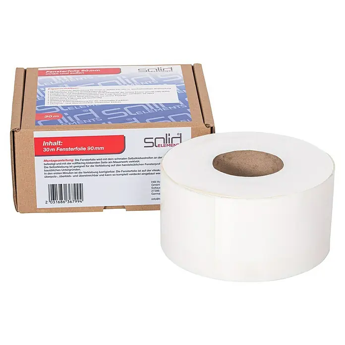 Solid Elements Folienband - 30 m x 90 mm, Innen/Außen - Fensterfolie 90 mm von Solid Elements in Verpackung und als Rolle. Die Fensterfolie bietet zuverlässigen Schutz und ist leicht anzubringen.