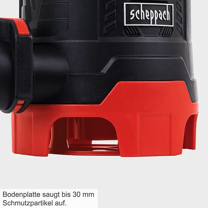 Scheppach Schmutzwasserpumpe DWP 400 - 400 W, Max. Fördermenge: 9.000 l/h, Eintauchtiefe: 7 m - Bodenplatte einer Scheppach-Pumpe, die Schmutzpartikel bis zu 30 mm aufsaugt, für eine effiziente Reinigung.