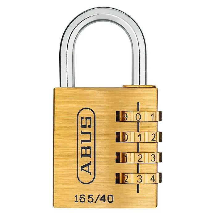 Abus Candado con combinación 165/40 - An x Al: 40 x 77 mm, Latón, Número de dígitos en combinación: 4 ud. - Primer plano de un candado de combinación ABUS 165/40, ideal para seguridad.