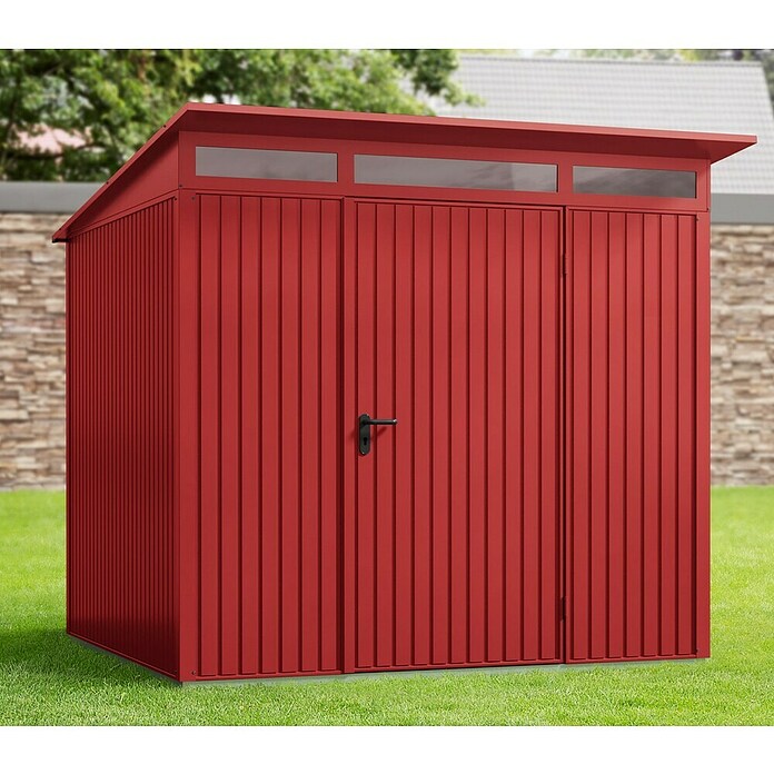 EcoStar Gerätehaus Elegant-P Typ 2 (Außenbreite inkl. Dachüberstand: 247,9 cm, Außentiefe inkl. Dachüberstand: 283,4 cm, Purpurrot, Einzeltür) | BAUHAUS