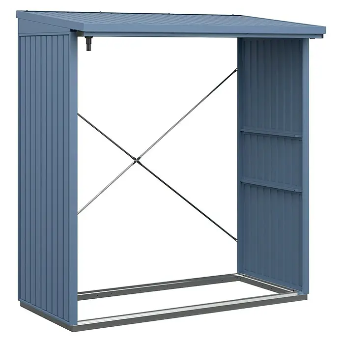 EcoStar Kaminholzregal Trend-V Typ 2 - Metall, Taubenblau - Abbildung eines offenen Metallgartenschuppens in blauer Farbe.