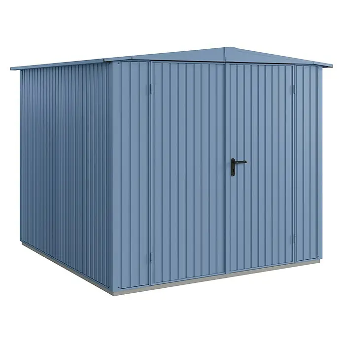 EcoStar Gerätehaus Trend-S Typ 2 - Außenbreite inkl. Dachüberstand: 258,8 cm, Außentiefe inkl. Dachüberstand: 247,7 cm, Taubenblau, Doppeltür - Ein blaues Metallgartenhaus mit Doppeltür und Giebeldach. Ideal zur Aufbewahrung von Gartengeräten und Werkzeugen.