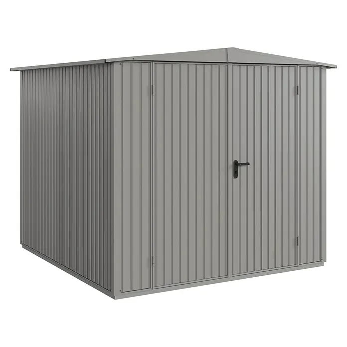 EcoStar Gerätehaus Trend-S Typ 2 - Außenbreite inkl. Dachüberstand: 258,8 cm, Außentiefe inkl. Dachüberstand: 247,7 cm, Grau, Doppeltür - Metallgartenhaus mit Doppeltür und dunklem Griff. Das Haus bietet Stauraum für Gartengeräte und -möbel.