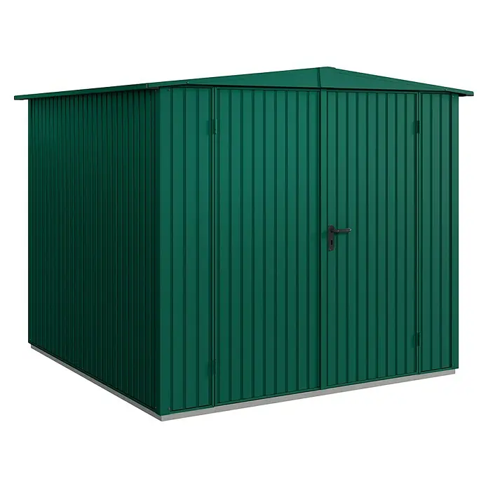 EcoStar Gerätehaus Trend-S Typ 2 - Außenbreite inkl. Dachüberstand: 258,8 cm, Außentiefe inkl. Dachüberstand: 247,7 cm, Moosgrün, Doppeltür - Ein grüner Metallgarten Schuppen mit Doppeltür und Griff zur Aufbewahrung von Gartengeräten und Werkzeugen.