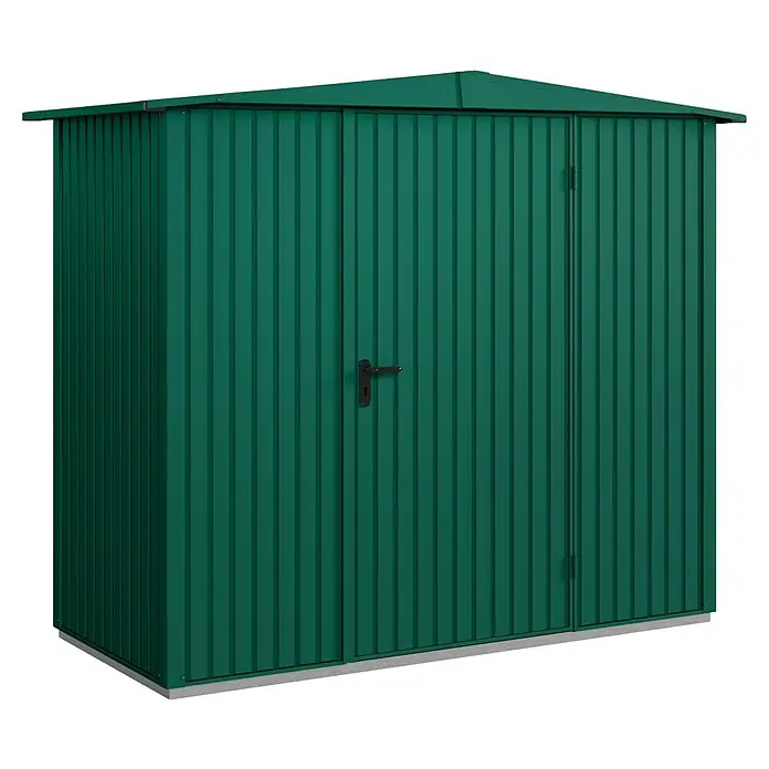 EcoStar Gerätehaus Trend-S Typ 1 - Außenbreite inkl. Dachüberstand: 258,8 cm, Außentiefe inkl. Dachüberstand: 121,3 cm, Moosgrün, Einzeltür - Ein grünes Gerätehaus mit Doppeltür und Griff. Ideal für die Gartenaufbewahrung. Wetterfest und langlebig für den Außenbereich.