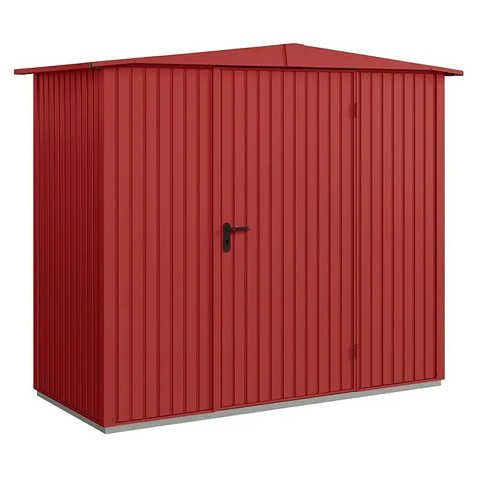 EcoStar Gerätehaus Trend-S Typ 1 - Außenbreite inkl. Dachüberstand: 258,8 cm, Außentiefe inkl. Dachüberstand: 121,3 cm, Purpurrot, Einzeltür - Geräumiger, rot lackierter Gartenschuppen mit Doppeltür und schwarzem Griff, ideal für die Aufbewahrung von Gartengeräten.