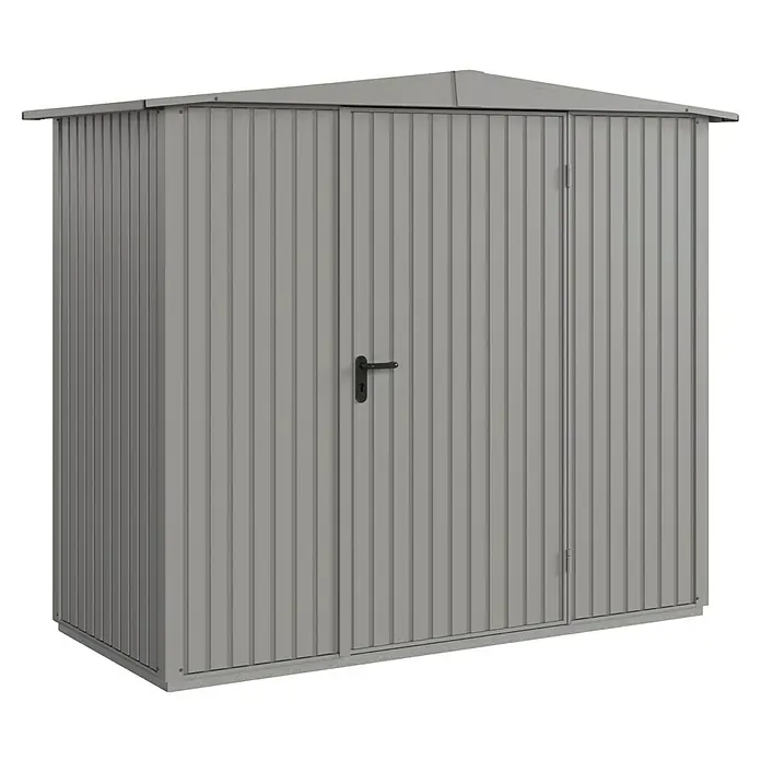 EcoStar Gerätehaus Trend-S Typ 1 - Außenbreite inkl. Dachüberstand: 258,8 cm, Außentiefe inkl. Dachüberstand: 121,3 cm, Grau, Einzeltür - Ein grauer Metallgartenhaus mit Doppeltür und vertikalen Streifen für die Lagerung von Gartengeräten und Werkzeugen.