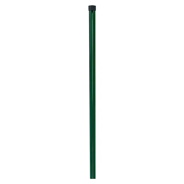 H+S Zauntechnik Zaunpfosten Oktavia - Höhe: 100 cm, Durchmesser: 38 mm, Stahl, Moosgrün RAL 6005 - Das Bild zeigt einen grünen Zaunpfosten. Er ist lang und schmal, mit einer dunkleren Kappe oben. Der Pfosten ist glatt und hat eine leichte Reflexion.