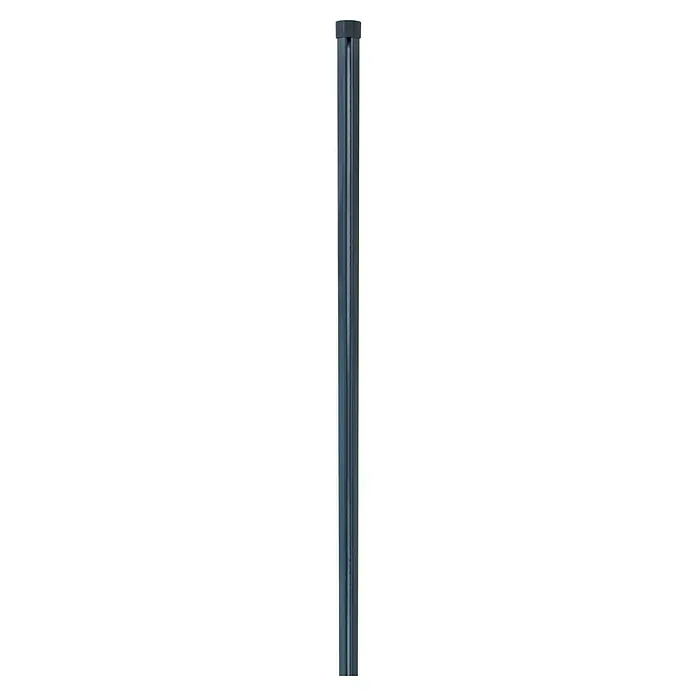 H+S Zauntechnik Zaunpfosten Oktavia - Höhe: 100 cm, Durchmesser: 38 mm, Stahl, Anthrazit RAL 7016 - Nahaufnahme einer schmalen, senkrechten Säule aus grauem Metall mit einer subtilen vertikalen Linie in der Mitte.