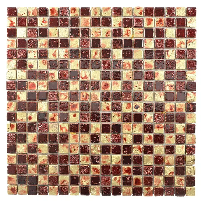 Mosaikfliese Quadrat XAM 67 - 30 x 30 cm, Gold/Rot, Glänzend - Mosaikfliese mit Burgunderrot- und Goldtönen, quadratisch angeordnet für ein edles und auffälliges Design.\n