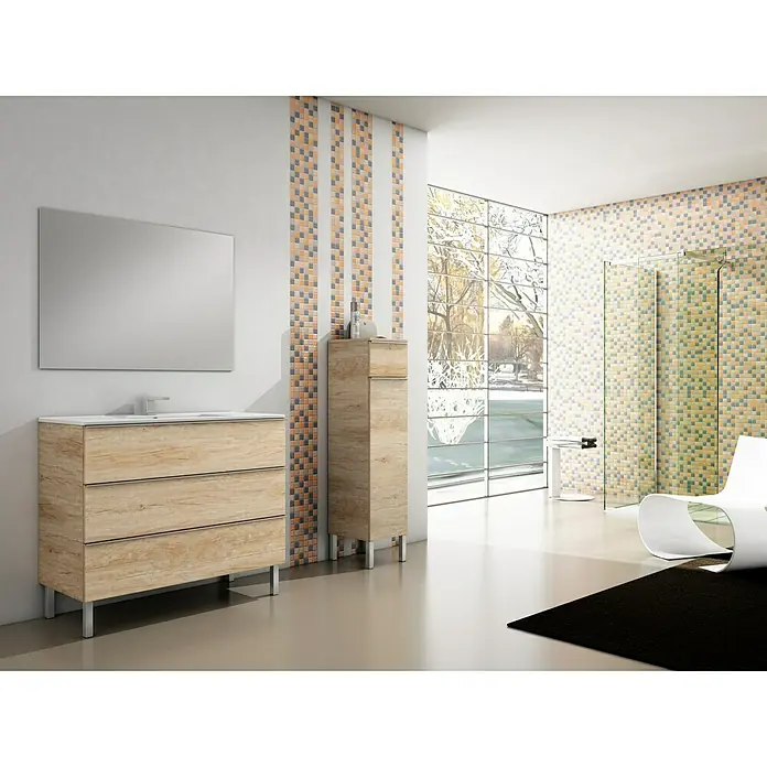Mueble bajo de lavabo Roma - An x Pr x Al: 100 x 45 x 69 cm, Nebraska natural - Baño con tocador de madera y espejo grande, un diseño elegante y moderno para un ambiente sofisticado.