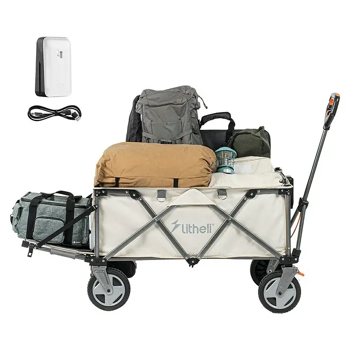 Litheli Bollerwagen 450 W W1 Pro EHW030005 -  - Der zusammenklappbare Bollerwagen Litheli, beladen mit Campingausrüstung, bietet eine praktische Lösung für den Transport im Freien.