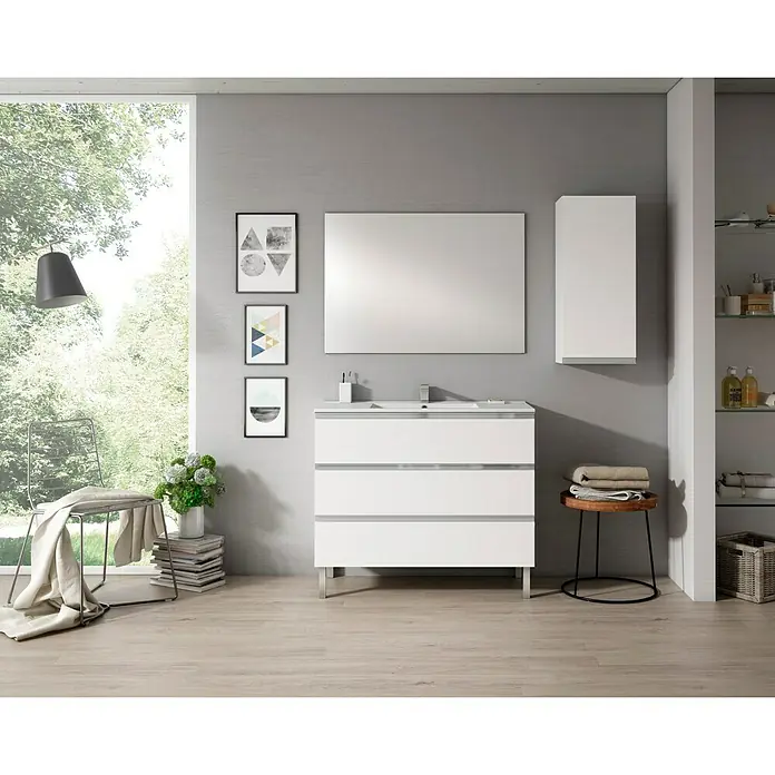 Mueble bajo de lavabo Andrea - L x An x Al: 45 x 100 x 69 cm, Blanco - Decoración de baño con mueble de lavabo blanco de tres cajones y espejo para un ambiente moderno y elegante.