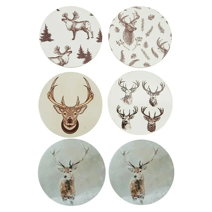 Untersetzer Hirsch - 1 Stk., Sortiert, Durchmesser: 10 cm - Runde Untersetzer mit verschiedenen Hirsch- und Reh-Designs in Naturtönen.