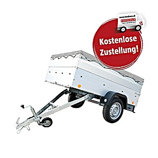 Anhänger Tieflader KD-EU2 SET mit Aufsatzwände + Flachplane (Nutzlast: 634 kg, Kasteninnenmaß: 202 x 107,5 x 34,5 cm, Ungebremst)