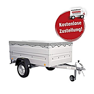 Anhänger Tieflader TL-EU2 Set mit Aufsatzwände und Flachplane (Nutzlast: 587 kg, Kasteninnenmaß: 202 x 107,5 x 34.5 cm, Ungebremst)