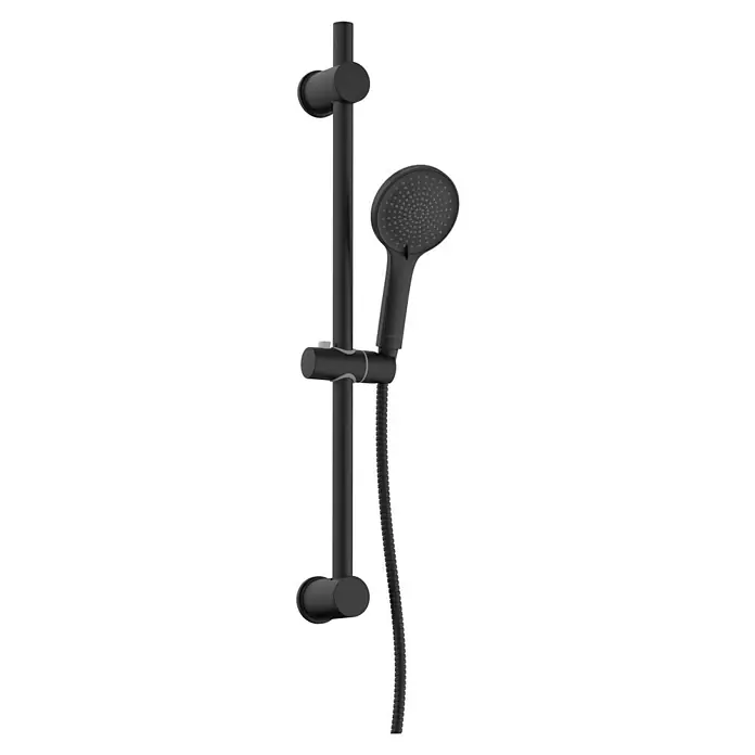 Camargue Brausegarnitur - Anzahl Strahlarten: 3 Stk., Schwarz - Detaillierte Ansicht einer schwarzen Duschstange mit Handbrause und Schlauch, ideal für moderne Badezimmerdesigns.