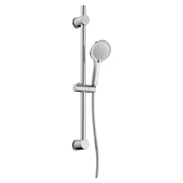 Camargue Brausegarnitur - Anzahl Strahlarten: 3 Stk., Chrom - Bild einer Handbrause mit Brausestange und Schlauch, glänzend verchromt, für ein modernes Badezimmerdesign.